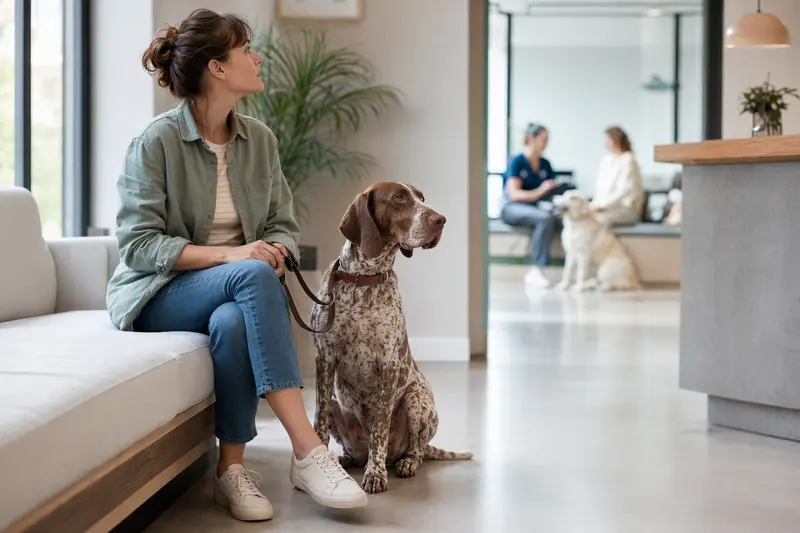 Ein Bracco Italiano sitzt ruhig neben seinem Besitzer im hellen Wartezimmer einer modernen Tierarztpraxis.